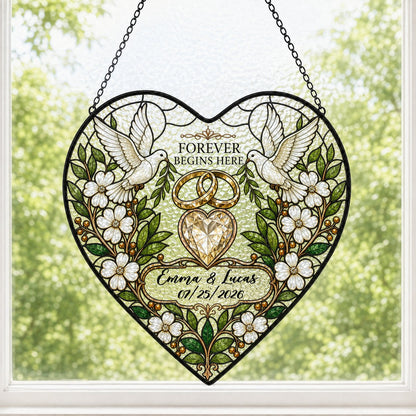 Personalized Wedding Doves & Diamond Heart Forever Begins Here Heart Stained Glass Suncatcher