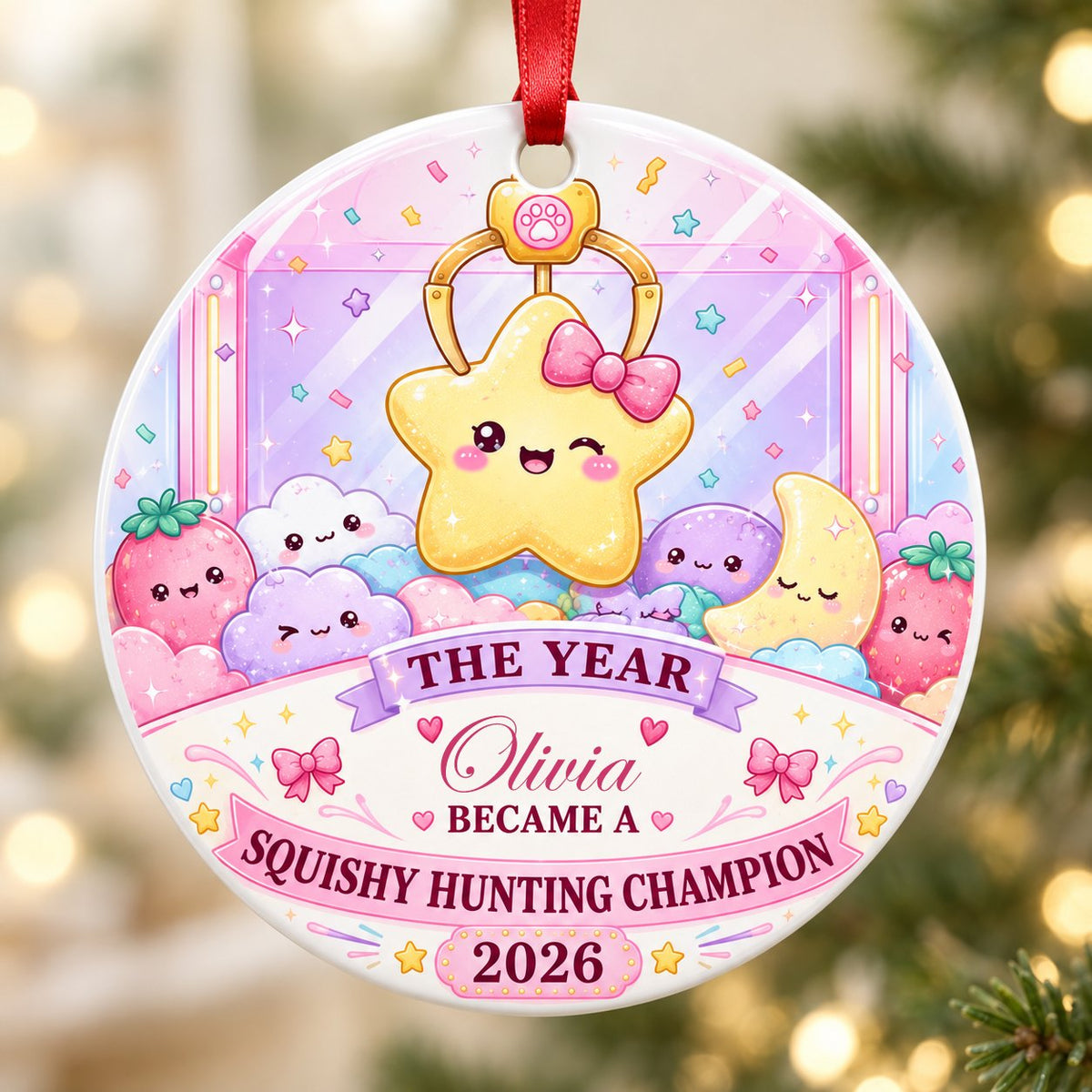 Round ceramic ornament with a claw machine and winking star, personalized with a name and year in pastel colors.