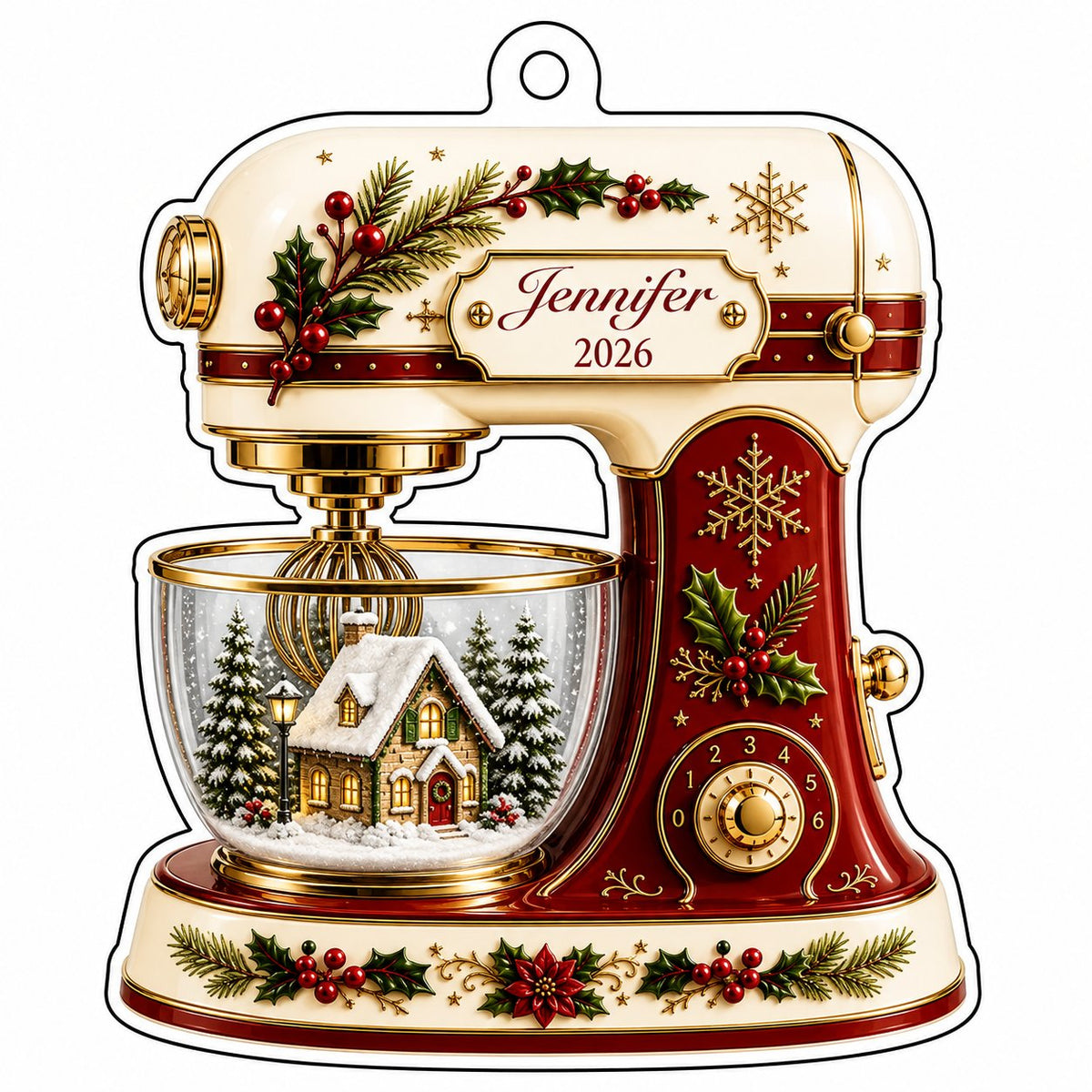 Stand mixer-shaped acrylic ornament with holly, gold snowflakes, and a snowy cottage scene in a glass bowl.