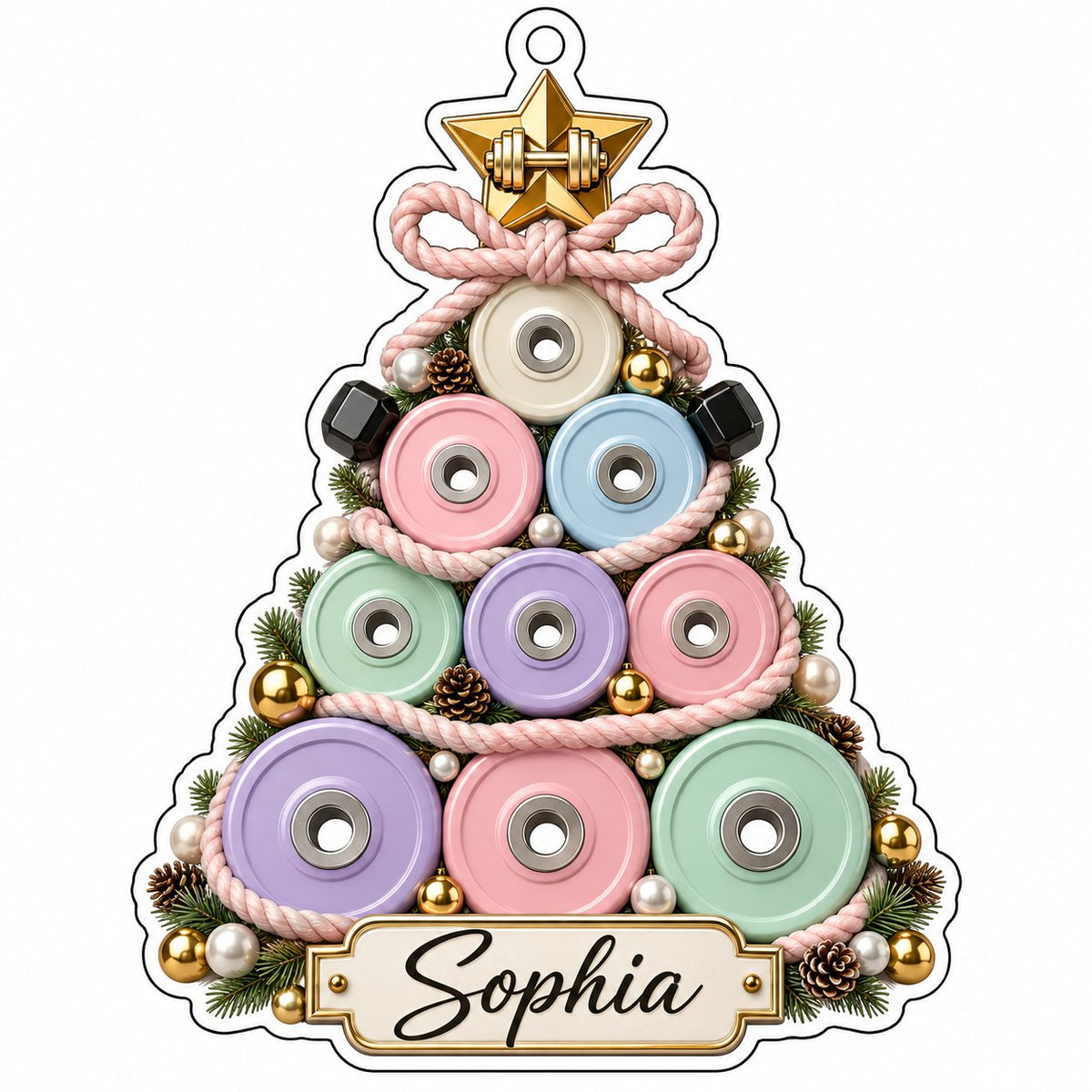 Acrylic Christmas tree ornament of stacked pastel weight plates with a gold star dumbbell and a cream name banner.