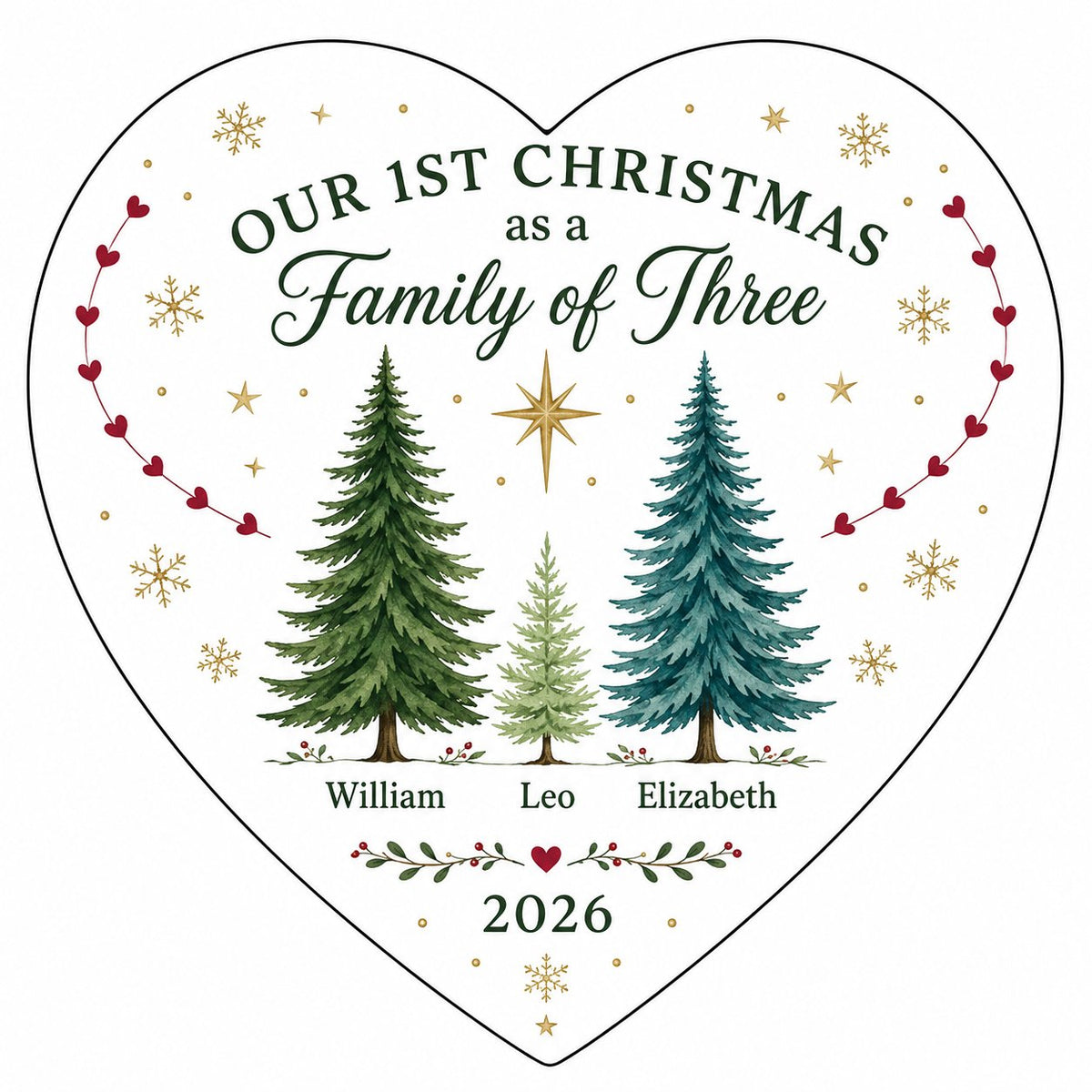 Our 1st Christmas As A Family Of Three Pine Trees - Personalized Heart Ceramic Ornament (Printed On Both Sides)