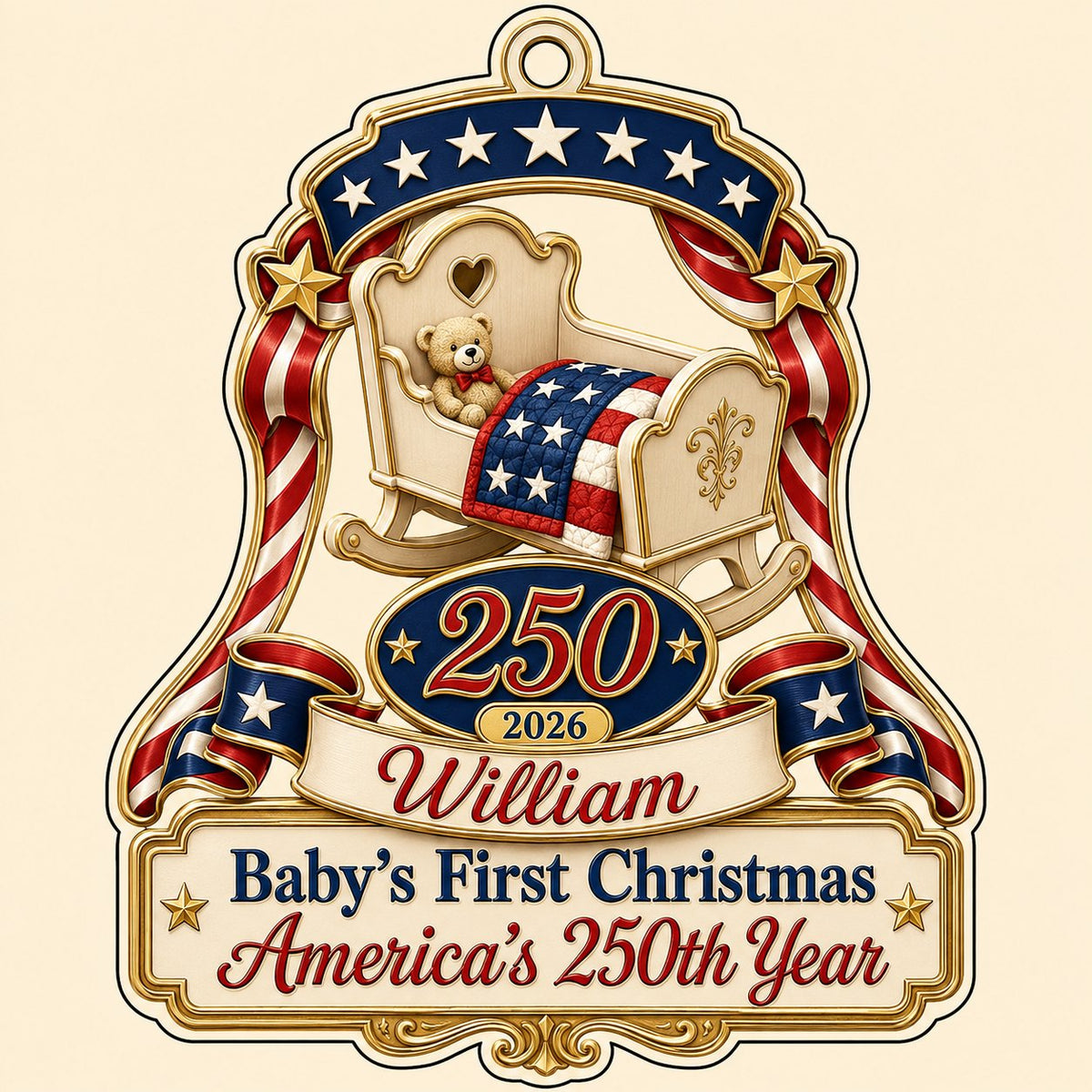 Acrylic ornament with baby crib, teddy bear, patriotic ribbon, and 'Baby's First Christmas', personalized with name and 
