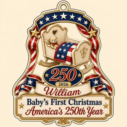 Acrylic ornament with baby crib, teddy bear, patriotic ribbon, and 'Baby's First Christmas', personalized with name and 