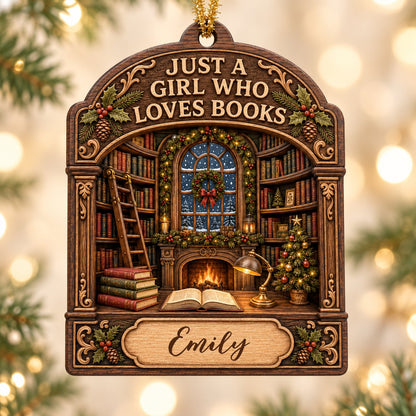 Arch wood ornament with library scene, bookshelves, ladder, fireplace, and 'Just a Girl Who Loves Books' text.