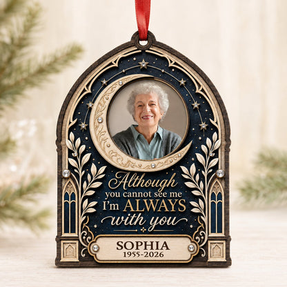 Gothic arch memorial wood ornament with crescent moon photo frame and starry sky with rhinestone accents.
