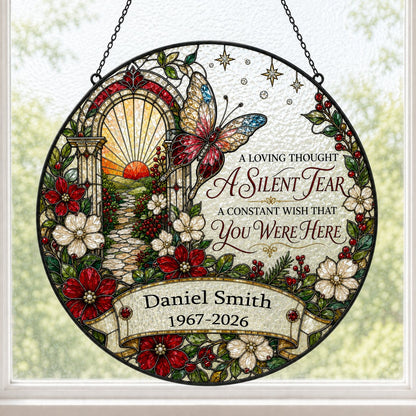 Personalized Butterfly Sunrise Pathway A Silent Tear Memorial Stained Glass Round Suncatcher