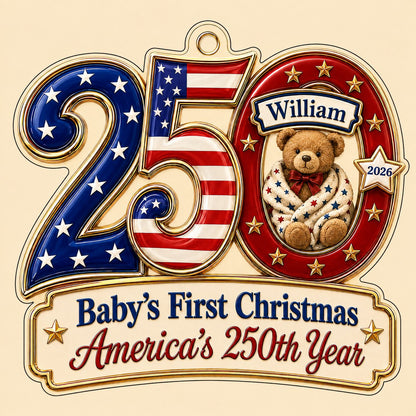 Acrylic ornament shaped like 250 with a teddy bear in the 0 and a gold-trimmed banner for the baby's name and year.