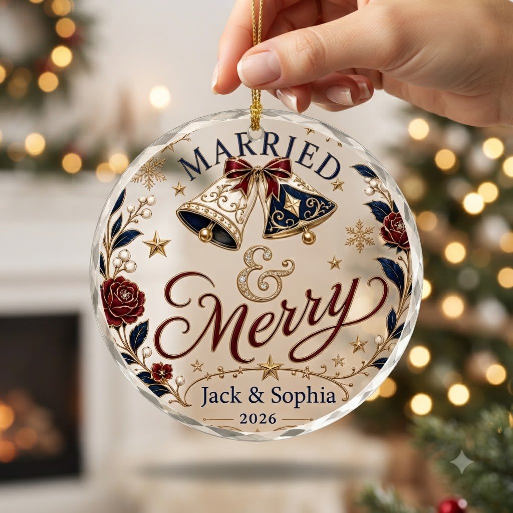 Round faceted glass ornament with two wedding bells, navy floral wreath, gold stars, and 'MARRIED' with names and year.