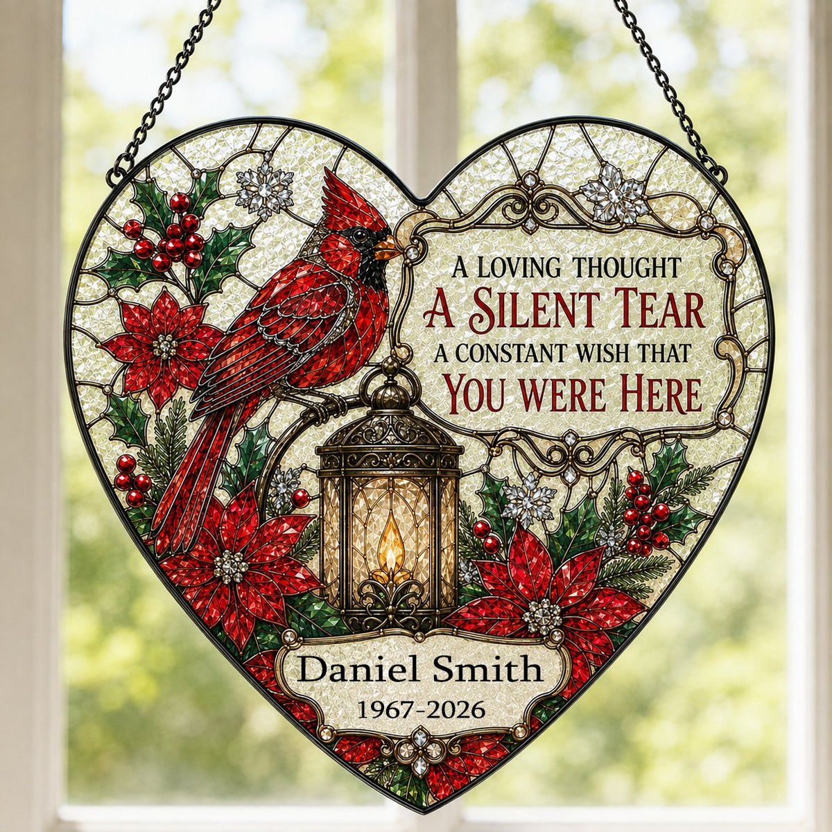 Personalized Red Cardinal Glowing Lantern A Silent Tear Memorial Heart Stained Glass Suncatcher