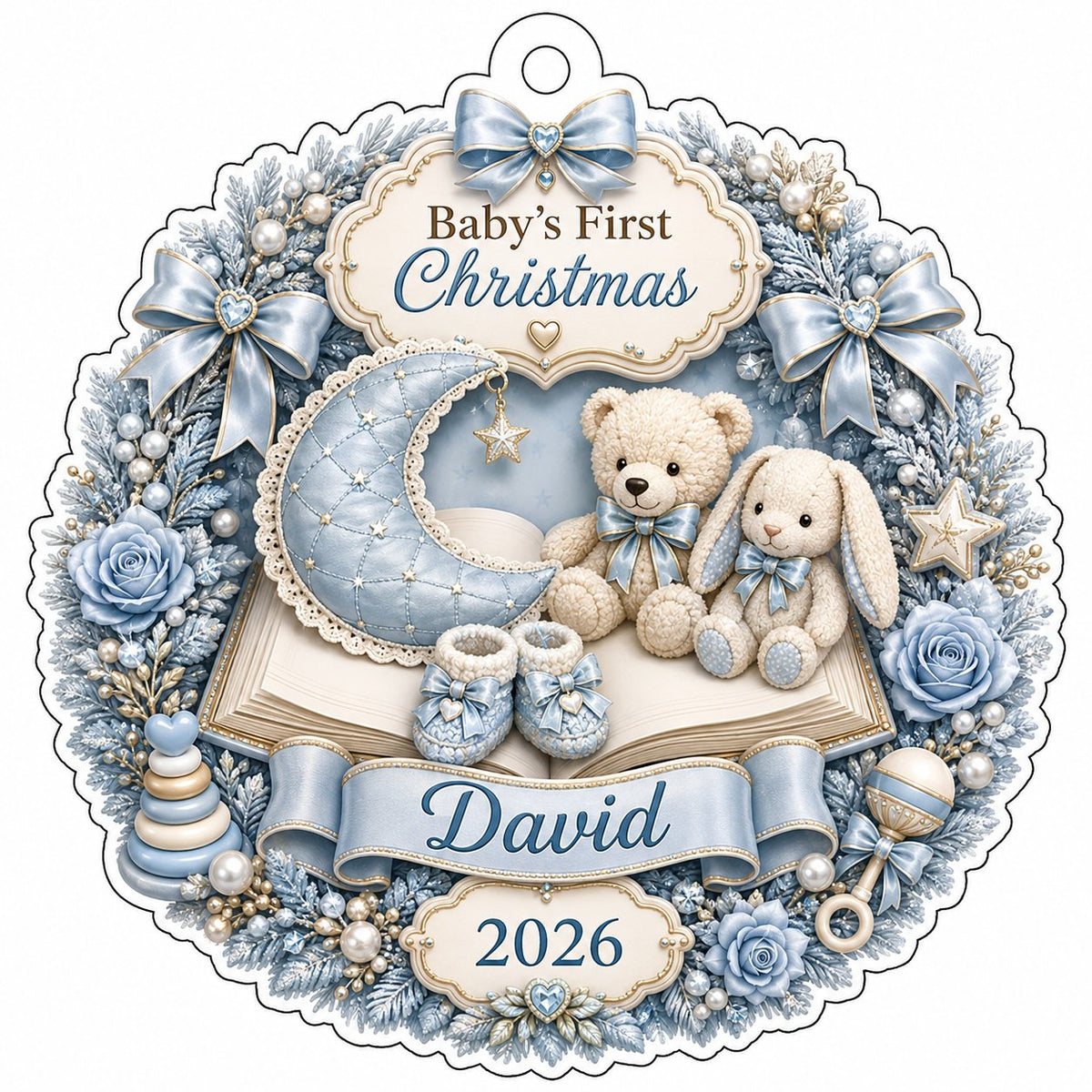 Blue floral wreath acrylic ornament with moon, teddy and bunny, plus Baby's First Christmas with name and year.
