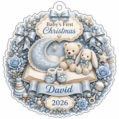 Blue floral wreath acrylic ornament with moon, teddy and bunny, plus Baby's First Christmas with name and year.