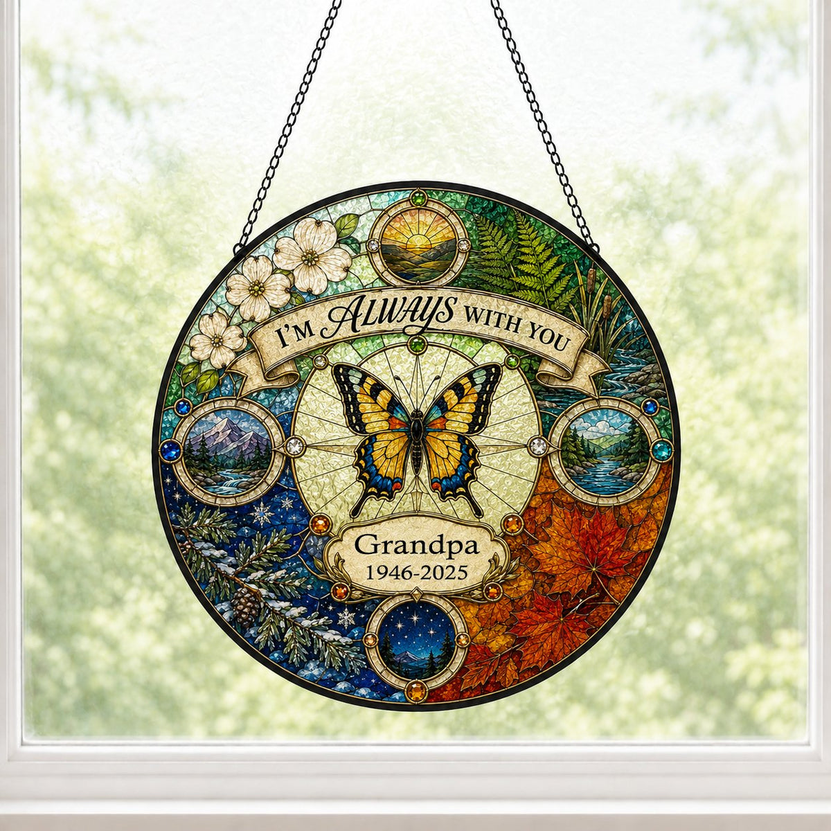 Personalized Butterfly Four Seasons Memorial I'm Always With You Stained Glass Round Suncatcher