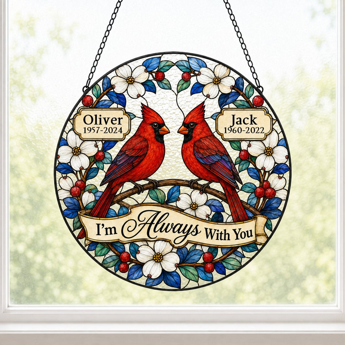 Round suncatcher with two red cardinals on a branch, dogwood flowers, a scroll banner and two name plaques.