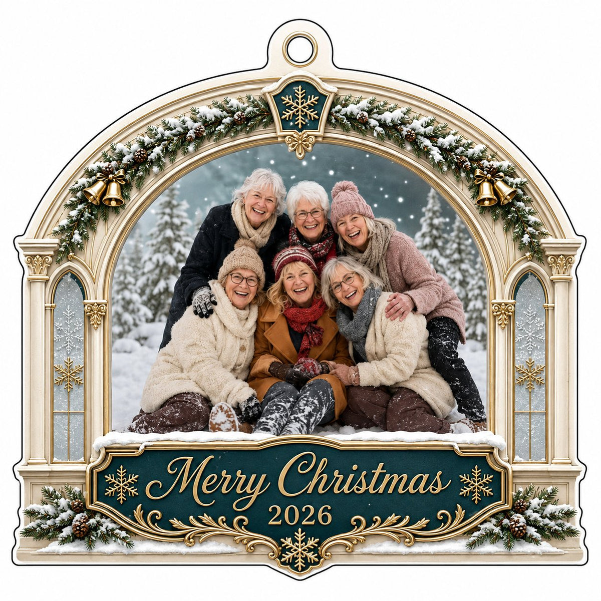 Arch acrylic ornament with pine, gold bells, Merry Christmas text, plus a photo and year on a green banner.