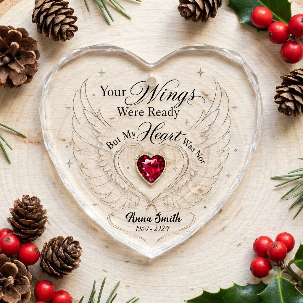 Personalized Angel Wings Memorial Your Wings Were Ready Gold Line Heart Glass Ornament