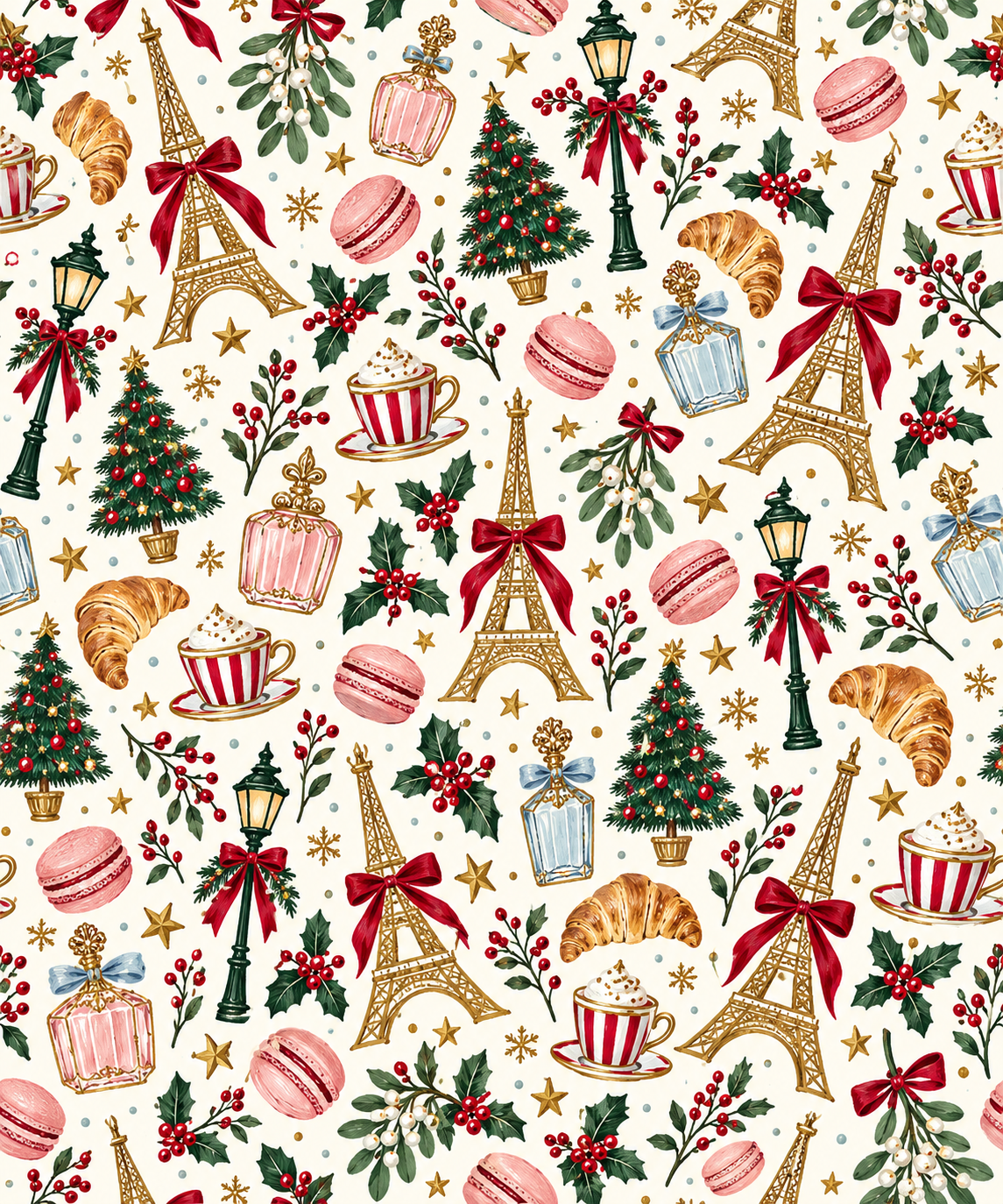 Cream paper with gold Eiffel Towers, Christmas trees, street lamps, macarons, croissants, holly and stars pattern.