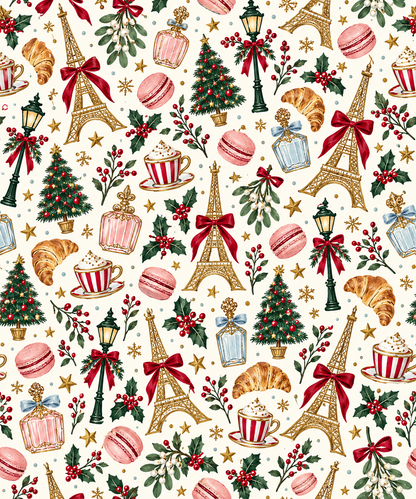 Cream paper with gold Eiffel Towers, Christmas trees, street lamps, macarons, croissants, holly and stars pattern.
