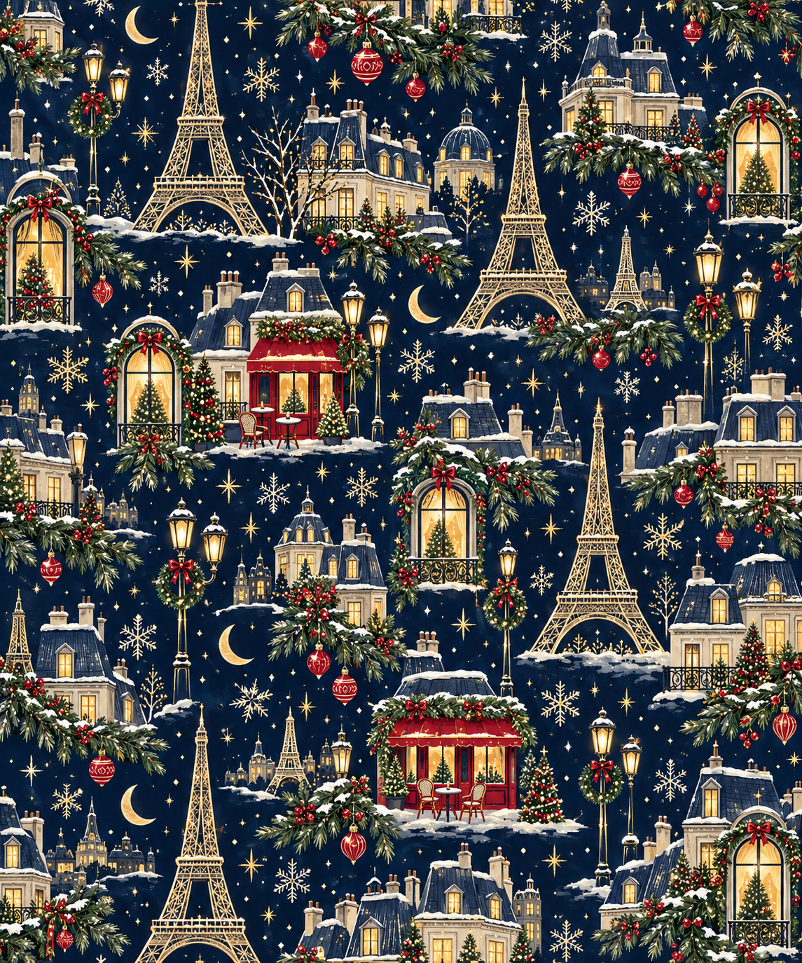 Navy Christmas wrapping paper with golden Eiffel Towers, Parisian buildings, a red cafe, stars, moons and snowflakes.