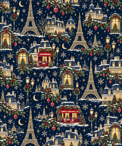 Navy Christmas wrapping paper with golden Eiffel Towers, Parisian buildings, a red cafe, stars, moons and snowflakes.