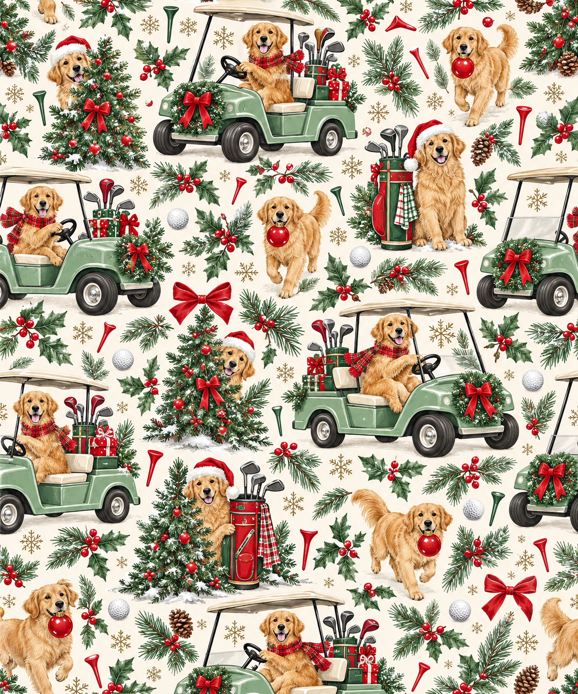 Golden Retrievers in green golf carts, Santa hats, ornaments, golf gear and holly on cream matte wrapping paper.