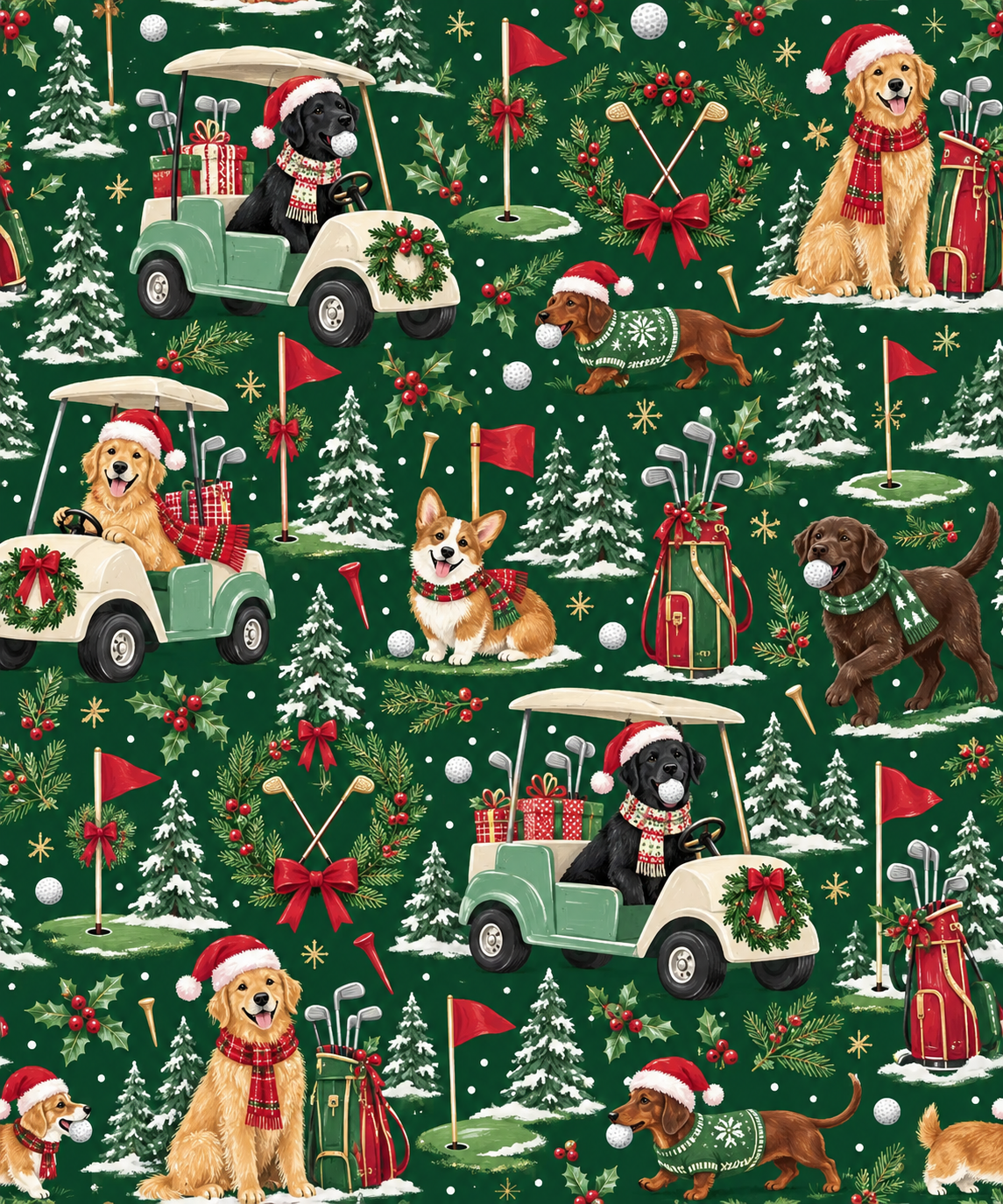 Dark green wrapping paper with dogs in Santa hats, golf carts with wreaths, flags, clubs, snowy trees and golf balls.