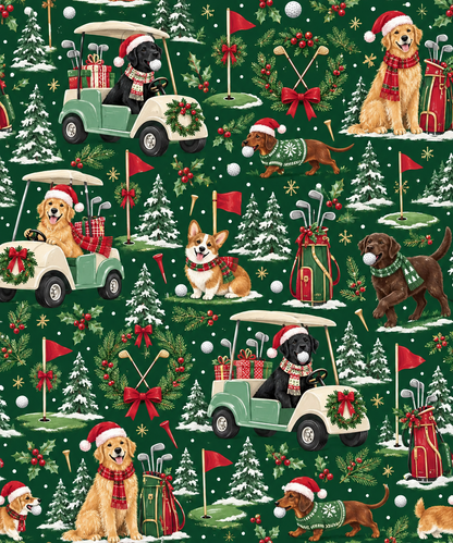 Dark green wrapping paper with dogs in Santa hats, golf carts with wreaths, flags, clubs, snowy trees and golf balls.