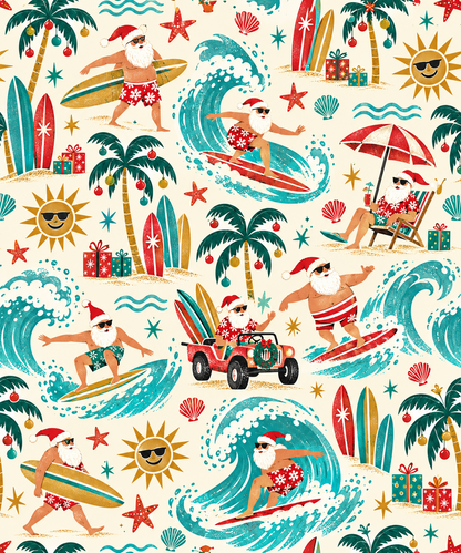 Wrapping paper with surfing Santa, red jeep, palm trees with ornaments, suns in sunglasses, starfish, seashells.