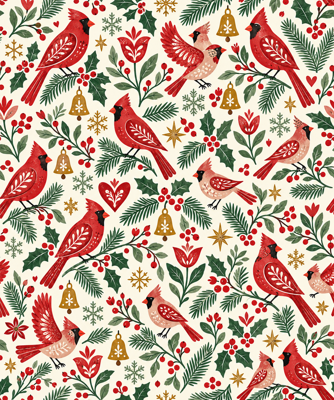 Cream gift wrap with red cardinals, pine and holly, berries, gold bells and snowflakes in a Christmas pattern.