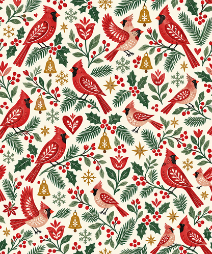 Cream gift wrap with red cardinals, pine and holly, berries, gold bells and snowflakes in a Christmas pattern.