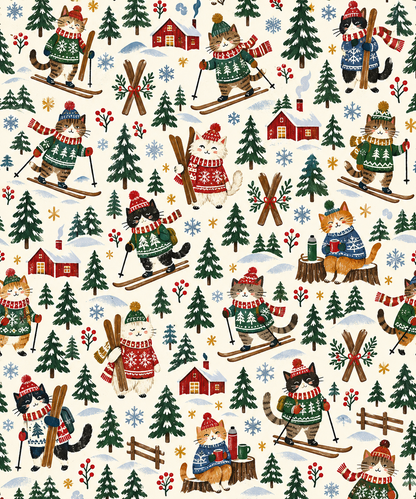 Wrapping paper featuring cartoon cats in winter gear skiing with pine trees, cabins, crossed skis and snowflakes.