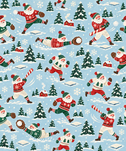 Light blue wrapping paper with Santa playing baseball, pine trees, small red houses, bases, and snowflakes in a repeatin