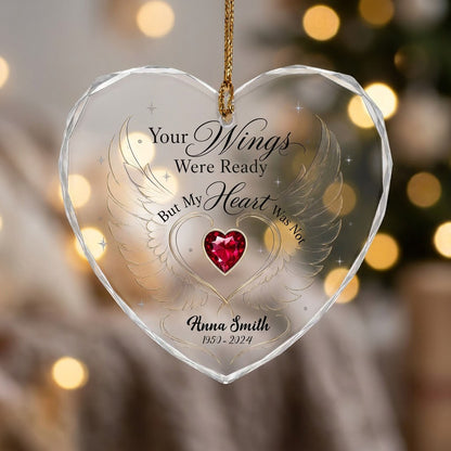 Personalized Angel Wings Memorial Your Wings Were Ready Gold Line Heart Glass Ornament