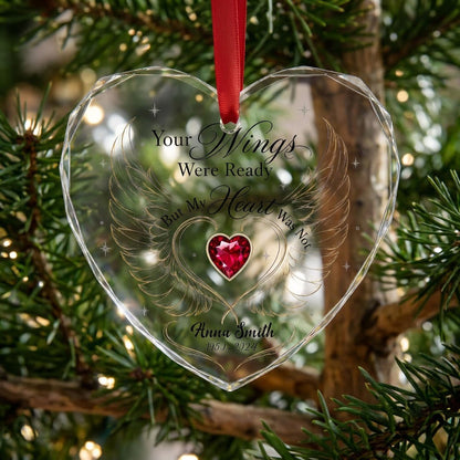 Personalized Angel Wings Memorial Your Wings Were Ready Gold Line Heart Glass Ornament