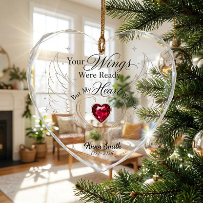 Personalized Angel Wings Memorial Your Wings Were Ready Gold Line Heart Glass Ornament