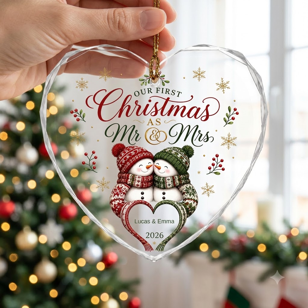 Personalized Our First Christmas as Mr & Mrs Snowman Couple Heart Glass Ornament