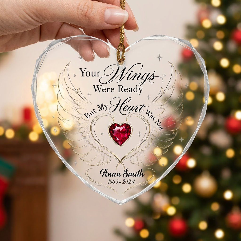 Personalized Angel Wings Memorial Your Wings Were Ready Gold Line Heart Glass Ornament