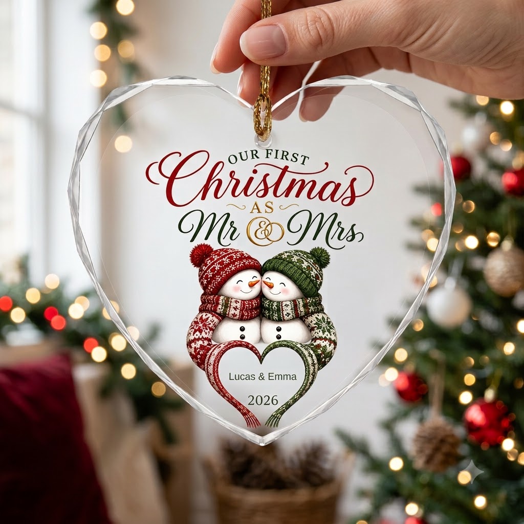 Personalized Our First Christmas as Mr & Mrs Snowman Couple Heart Glass Ornament