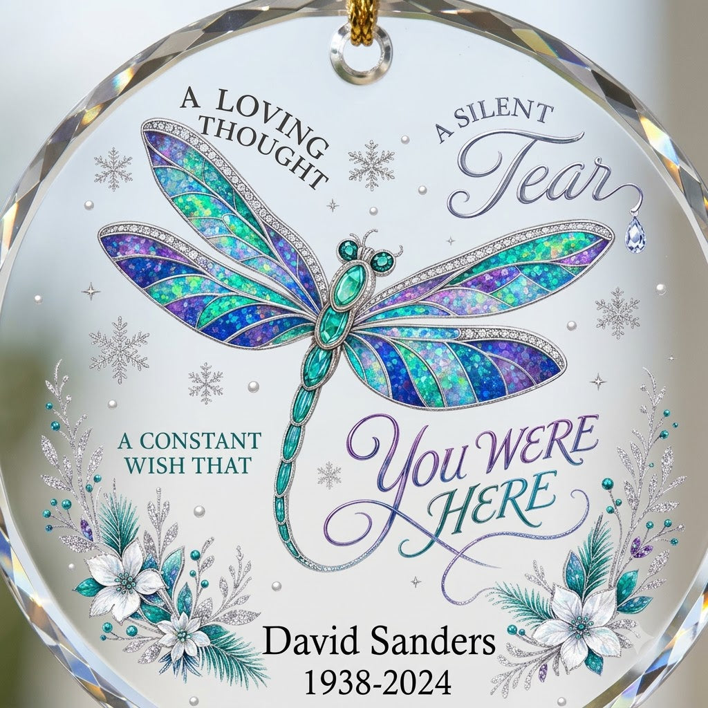 Personalized Dragonfly Memorial A Loving Thought A Silent Tear Round Glass Ornament