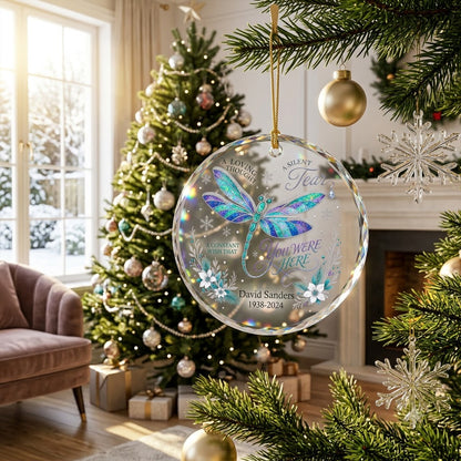 Personalized Dragonfly Memorial A Loving Thought A Silent Tear Round Glass Ornament