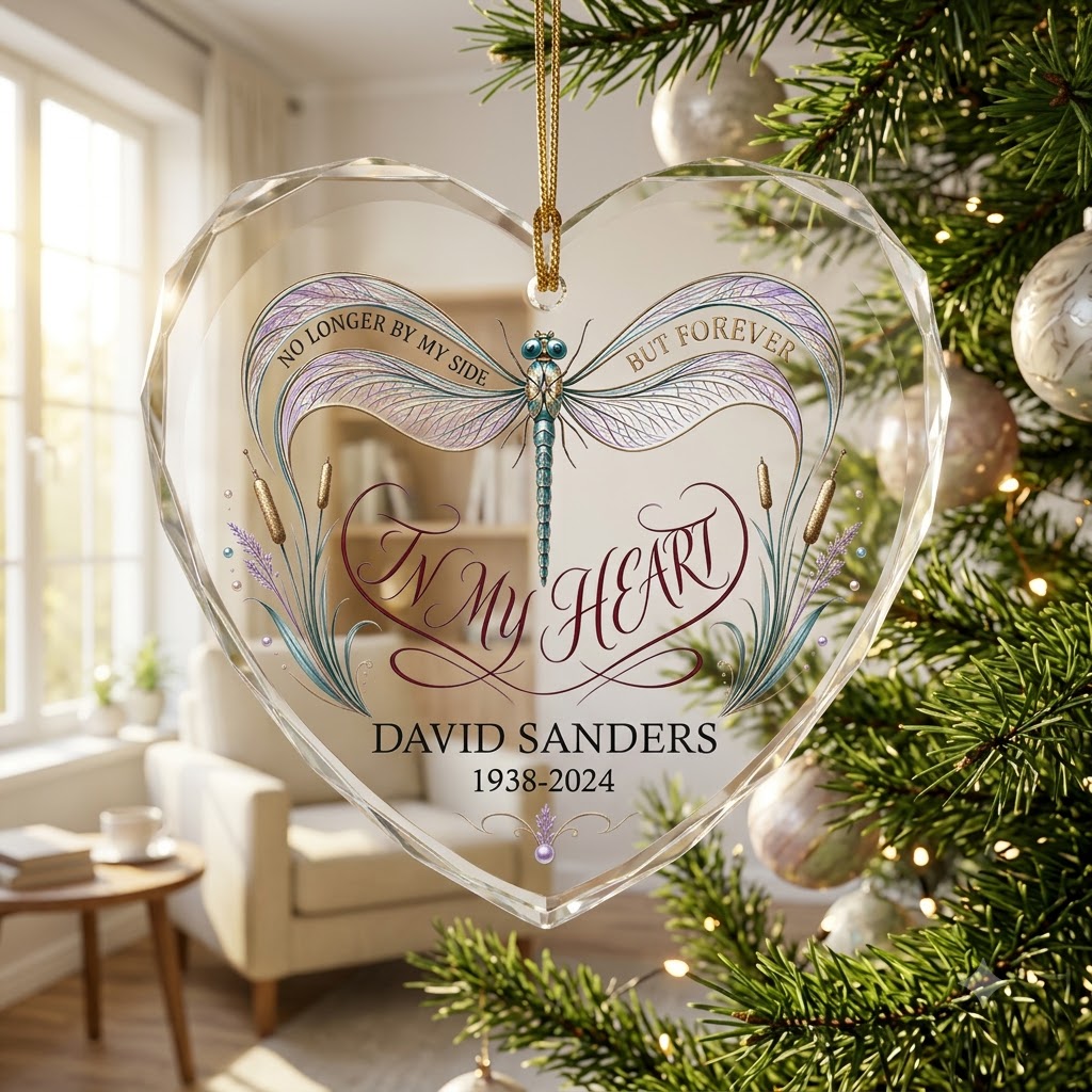 Personalized Dragonfly Memorial No Longer By My Side In My Heart Heart Glass Ornament