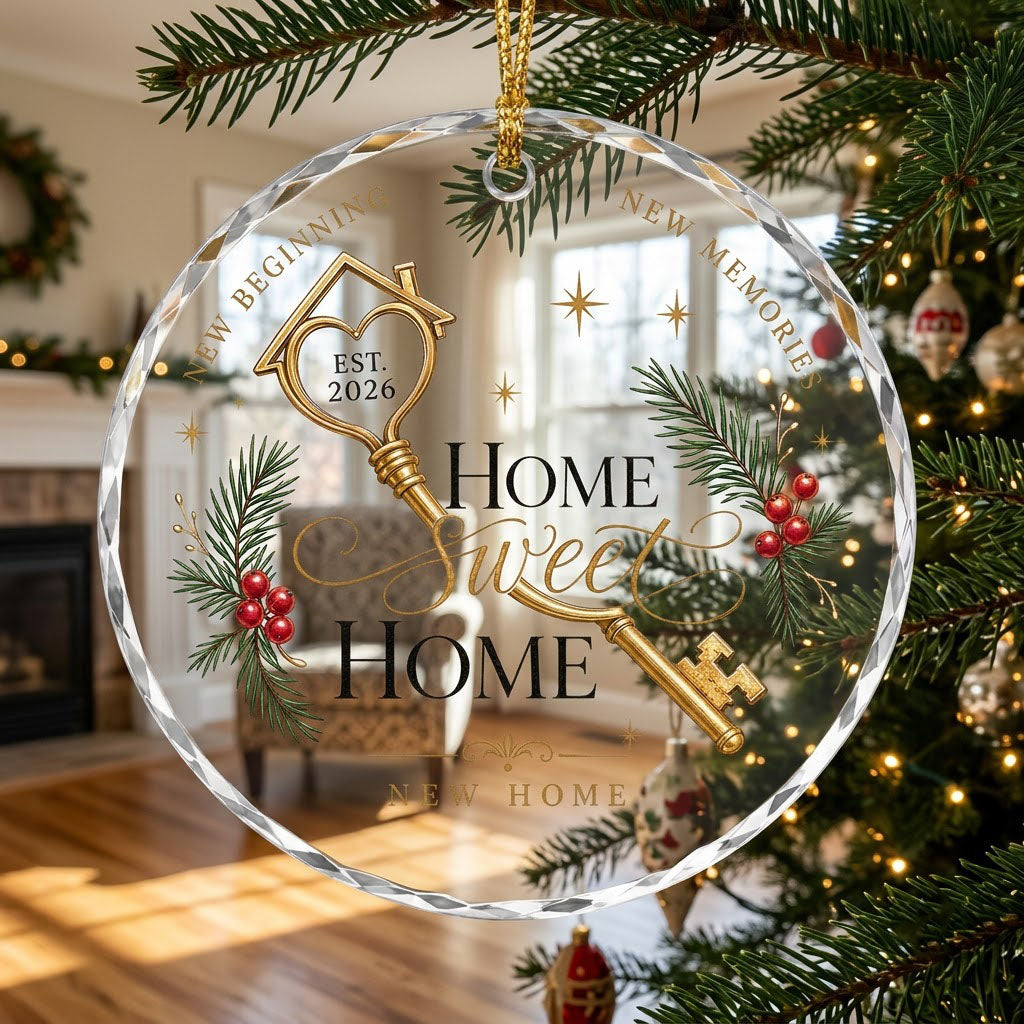 Personalized Home Sweet Home Golden Key Round Glass Ornament