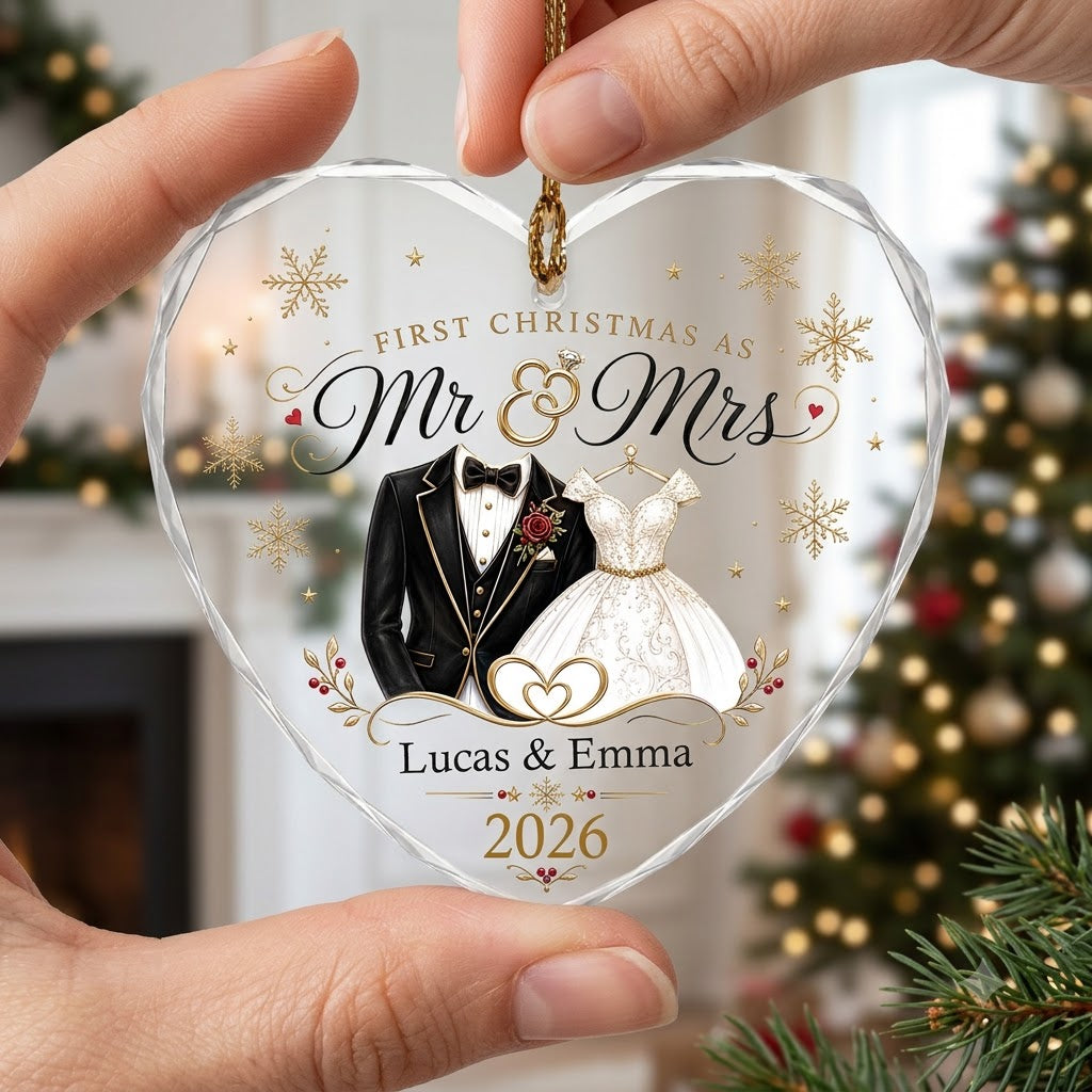 Personalized First Christmas as Mr & Mrs Tuxedo Gown Heart Glass Ornament
