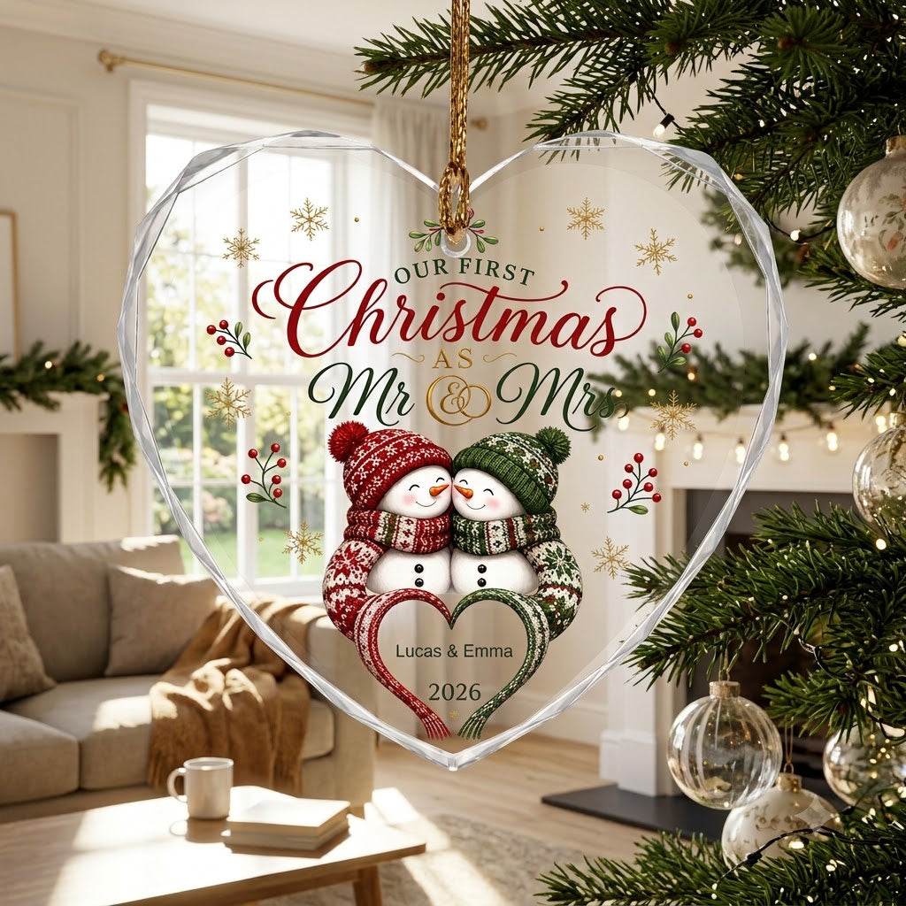 Personalized Our First Christmas as Mr & Mrs Snowman Couple Heart Glass Ornament