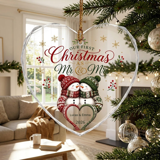 Personalized Our First Christmas as Mr & Mrs Snowman Couple Heart Glass Ornament
