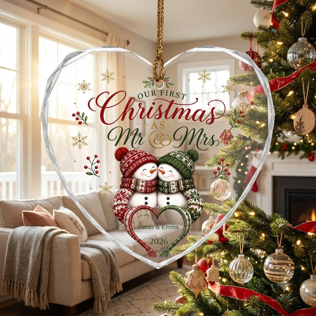 Personalized Our First Christmas as Mr & Mrs Snowman Couple Heart Glass Ornament
