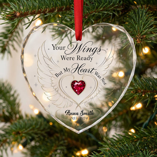 Personalized Angel Wings Memorial Your Wings Were Ready Gold Line Heart Glass Ornament