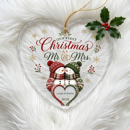 Personalized Our First Christmas as Mr & Mrs Snowman Couple Heart Glass Ornament