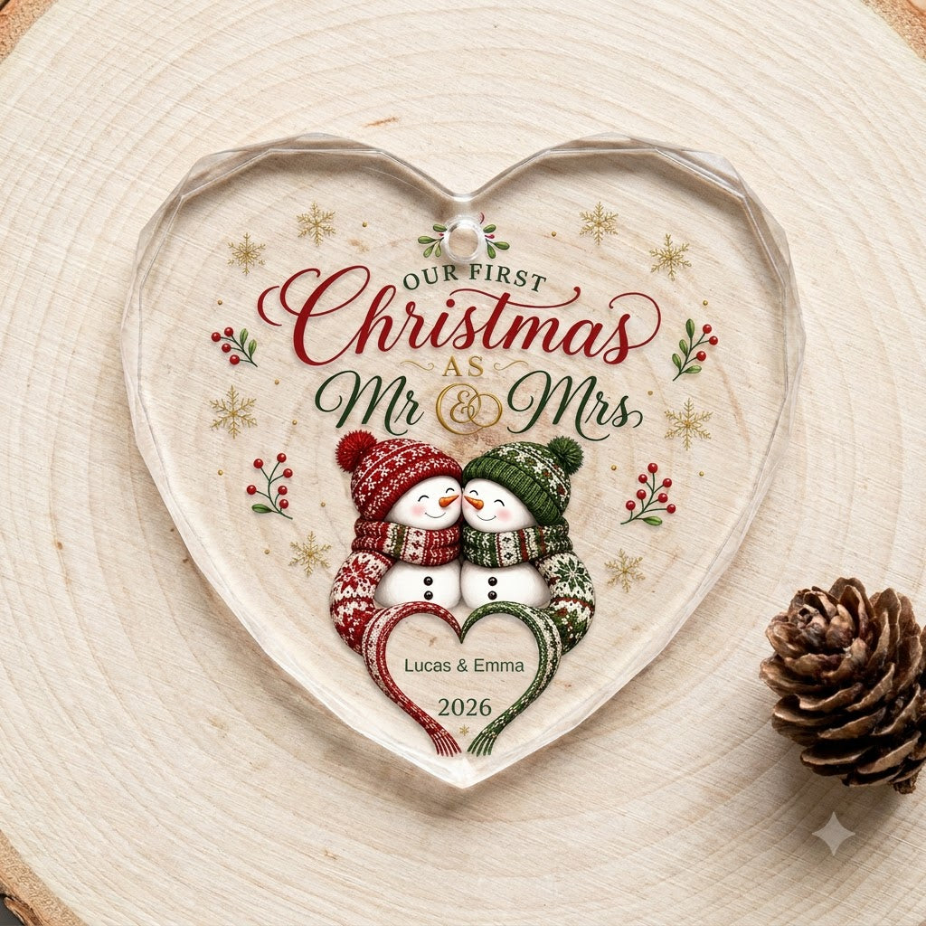 Personalized Our First Christmas as Mr & Mrs Snowman Couple Heart Glass Ornament