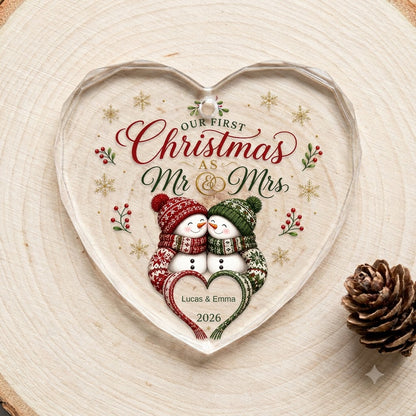 Personalized Our First Christmas as Mr & Mrs Snowman Couple Heart Glass Ornament