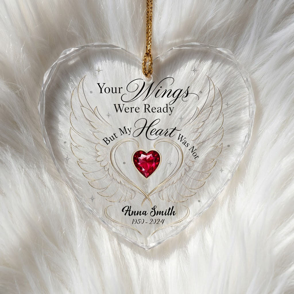 Personalized Angel Wings Memorial Your Wings Were Ready Gold Line Heart Glass Ornament